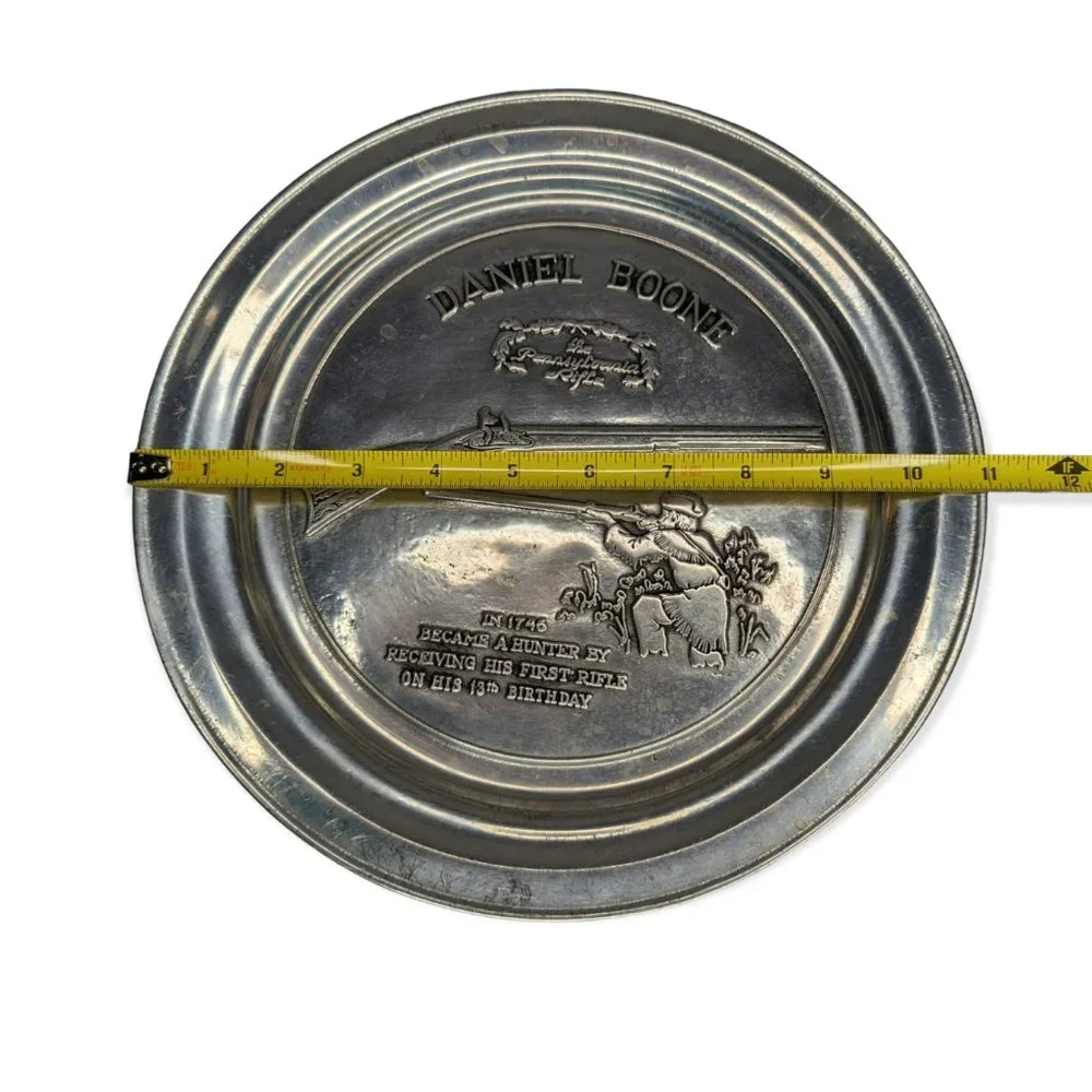 Vintage Pewter Plate & Mugs Featuring Daniel Boone & The Pennsylvania Rifle